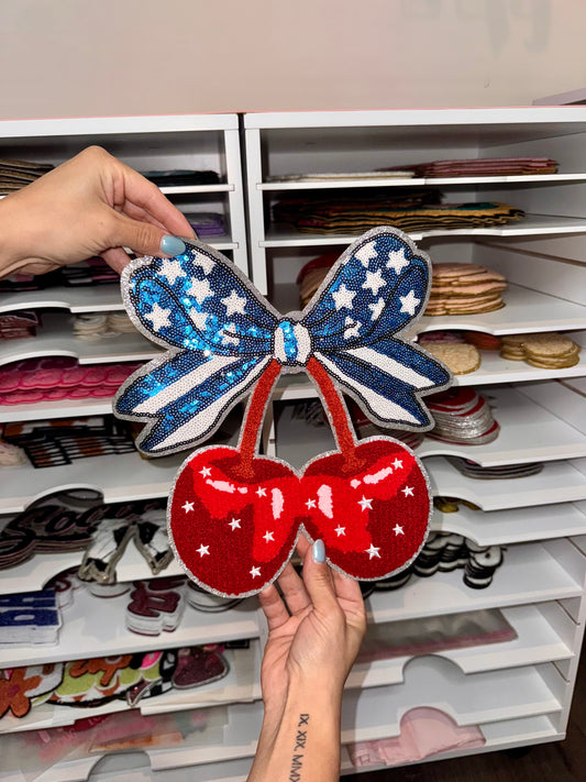 Blue & Red Cherries - Sequin Patch